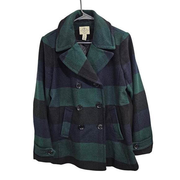 St. John’s Bay Green/ Navy Plaid Double Breasted Women's Wool Pea Coat Size M - Picture 1 of 7